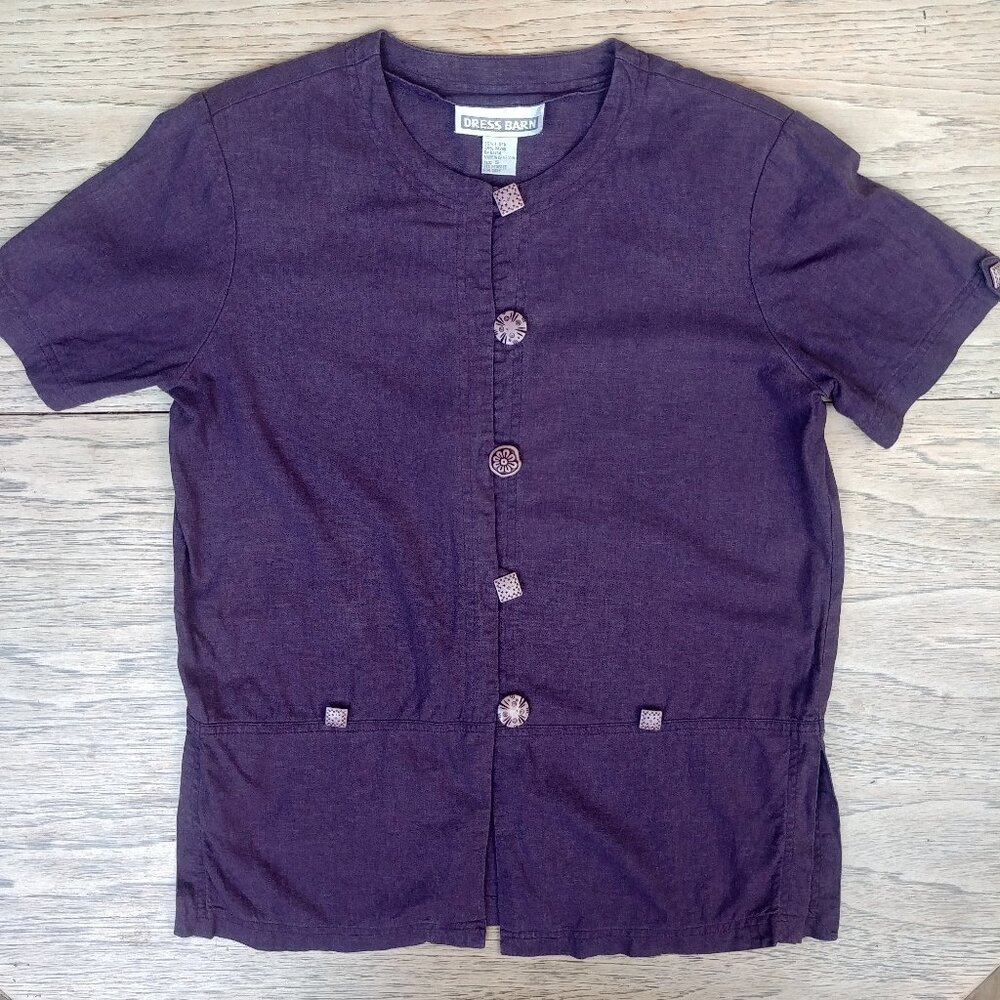 Vintage purple linen blend short sleeve blouse top shirt statement buttons Small